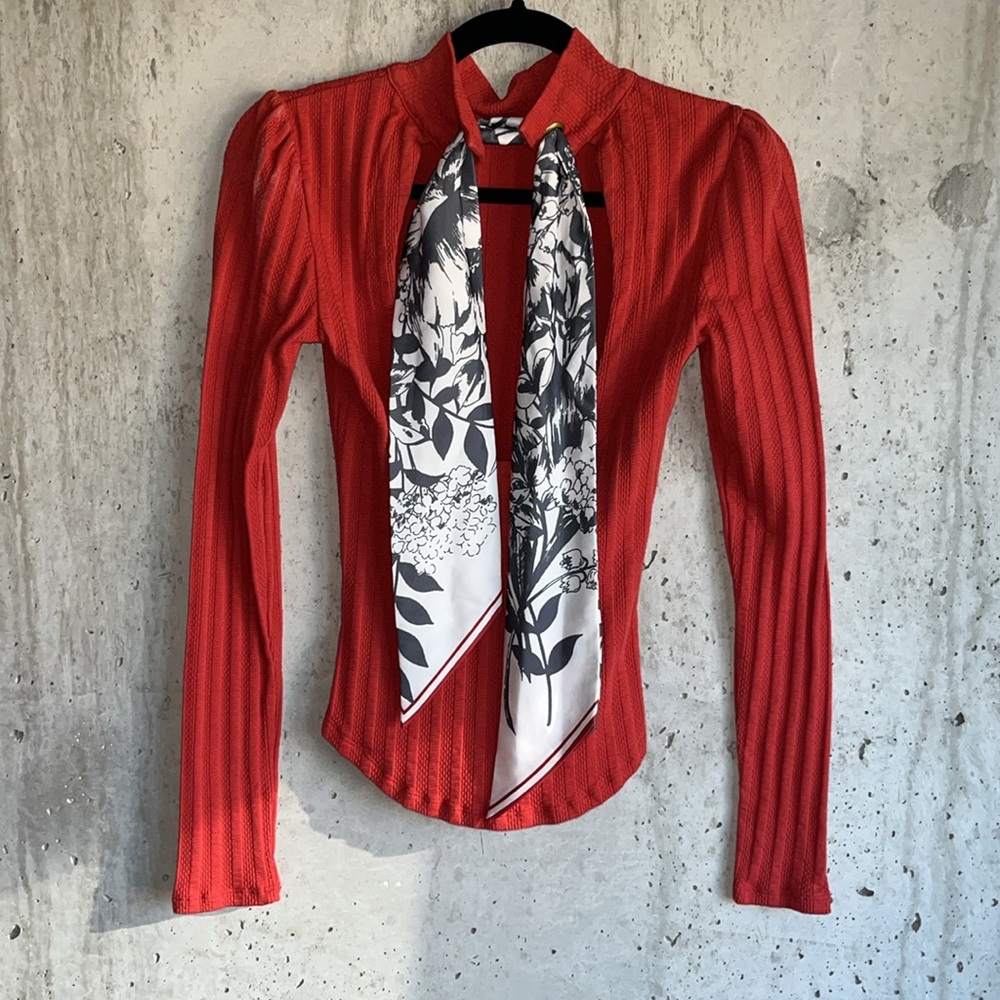 Free People Shirt Women Canyon Red Mock Neck Top Scarf Tie Back